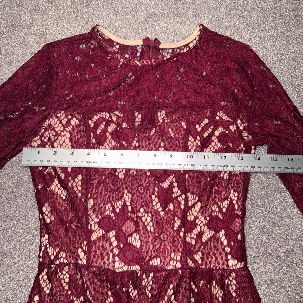 Women's Long Sleeve Maroon Lace Overlay Dress w/ Nude Lining - Picture 4 of 12
